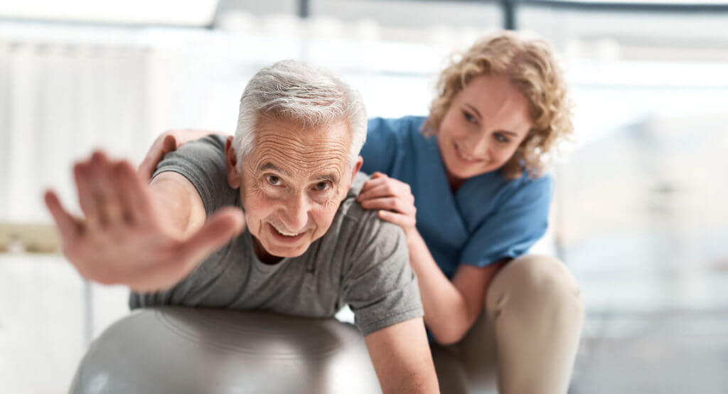 Shot of an elderly man using an exercise ball to for balance training