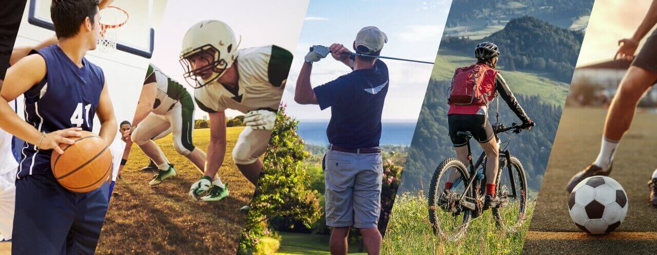 A Collage of diverse sports activities including basketball, American football, golf, mountain biking, and soccer, representing active lifestyles and athletic pursuits in outdoor and indoor settings